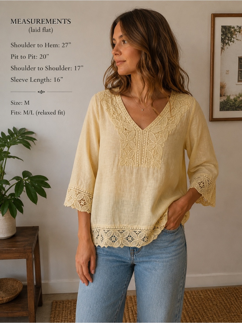 Norm Thompson Lace-Trim V-Neck Blouse - Pale Yellow